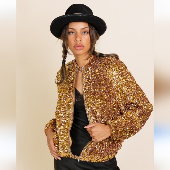NWT Anthropologie OOFWear Gold Sequin Maximalist Bomber Jacket Festival - Sz S - Picture 1 of 10